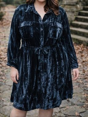 Coldwater Creek Navy Crushed Velvet Shirt Dress Plus Size Rayon Luxe Tie Waist
